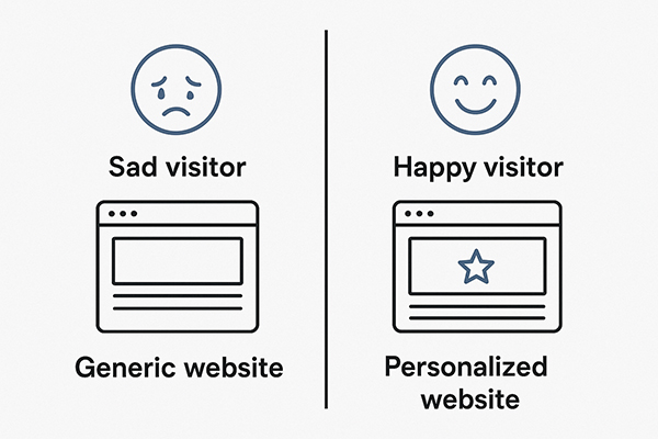 Comparaison entre visiteur triste sur site générique et visiteur heureux sur site personnalisé avec étoile