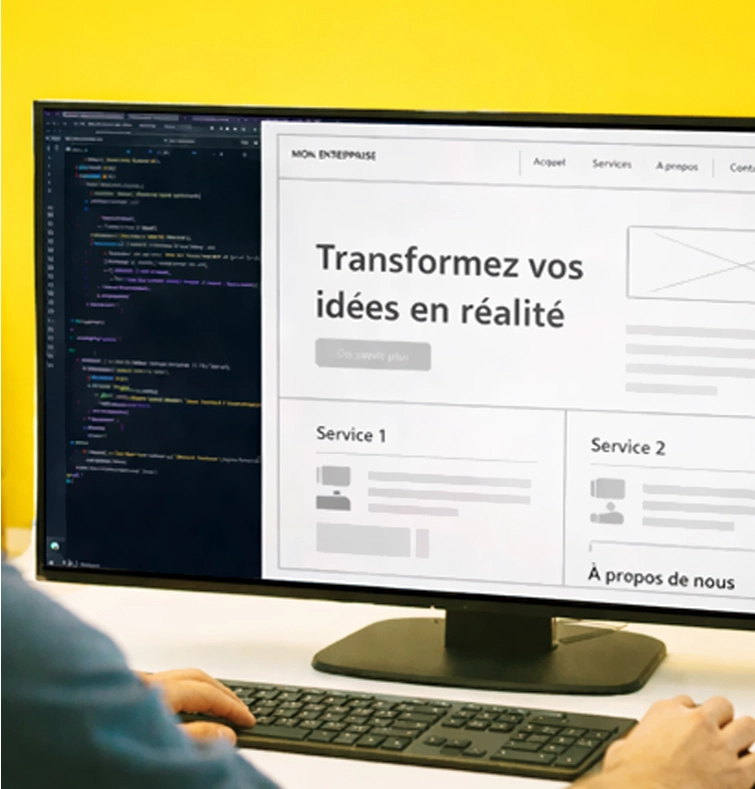 Développeur travaillant sur la création d'un site web vitrine avec code et maquette